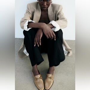 ZARA CHAIN TRIM LEATHER LOAFERS LIGHT BEIGE SZ US 10
